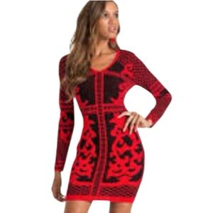 VENUS Red & Black Long-Sleeve Patterned Bodycon Dress